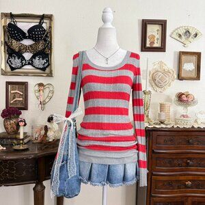 Twee girly grunge preppy striped cable knit long sleeve sweater top
